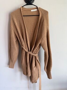 Mustard Seed Camel Tan Chunky Knit Belted Cardigan Sweater Small